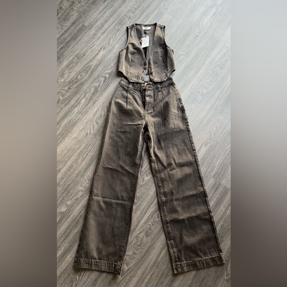 Dark denim vest and jeans
